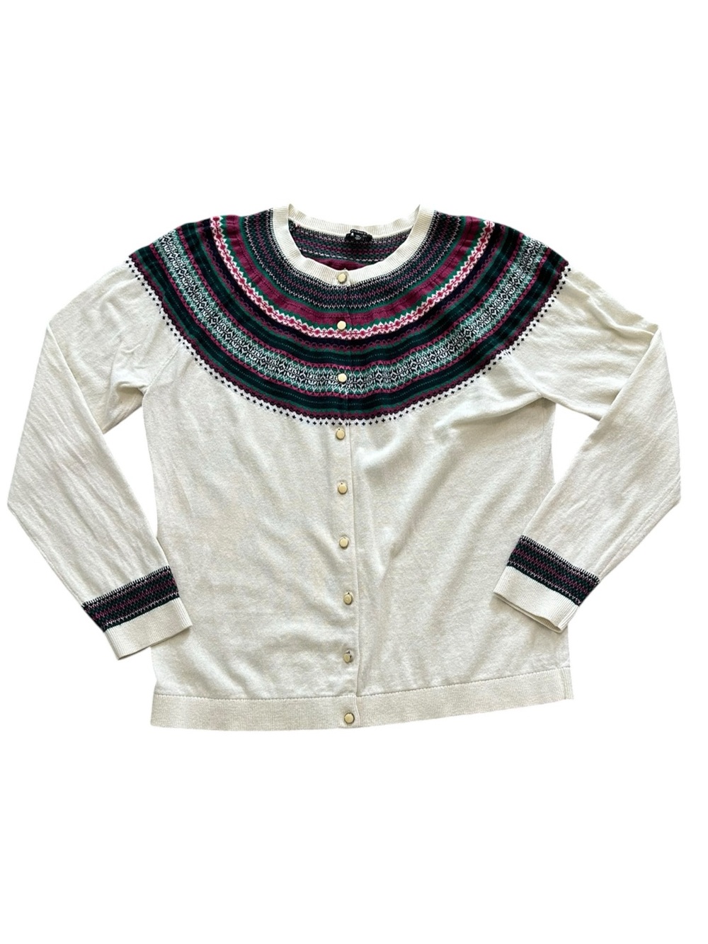 TALBOTS cashmere/cotton blend off white cardigan sweater multi color trim XL - Picture 2 of 6